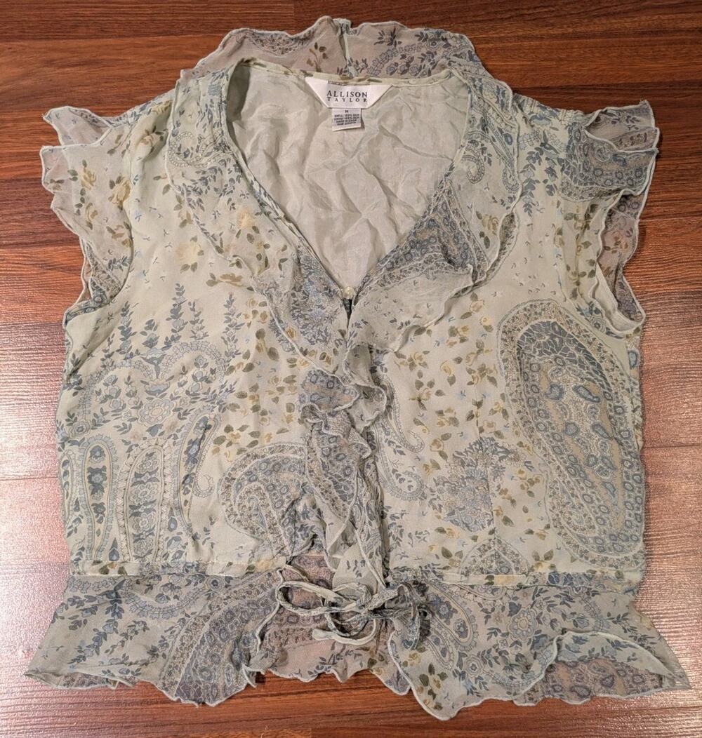 Allison Taylor Womens M 100% Silk Blouse Paisley Ruffle Sleeveless Boho Top